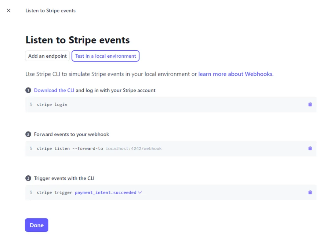 listen events for Stripe integration