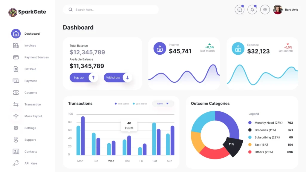 Dashboard with payment analytic tools