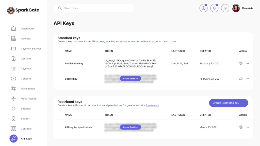 API keys for integration