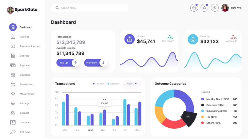 Dashboard with payment analytic tools